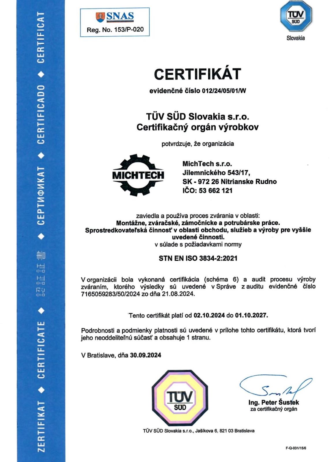 Certifikát ISO 3834 2